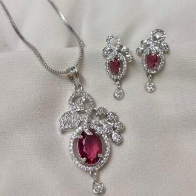 Party Wear Cubic Zirconia Red Pendant Set