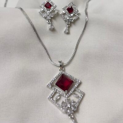 Party Wear Big Size Cubic Zirconia Red Pendant Set