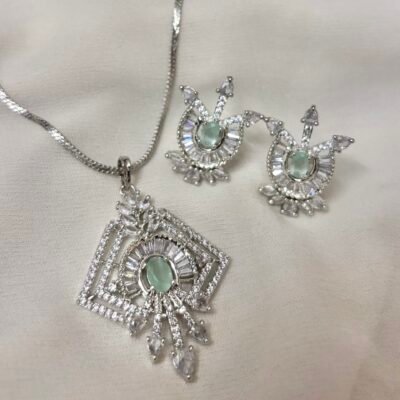 Party Wear Big Size Cubic Zirconia Pista-Green Pendant Set
