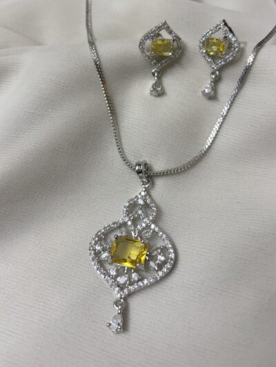 Rhodium-Plated American Diamond Yellow Pendant Set