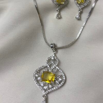 Rhodium-Plated American Diamond Yellow Pendant Set