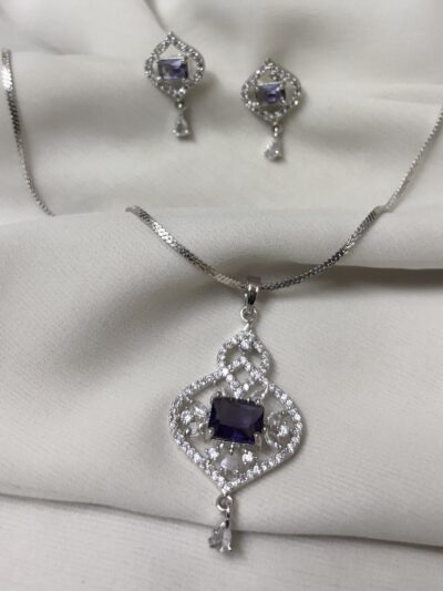 Rhodium-Plated American Diamond Purple Pendant Set