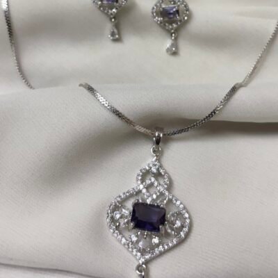 Rhodium-Plated American Diamond Purple Pendant Set