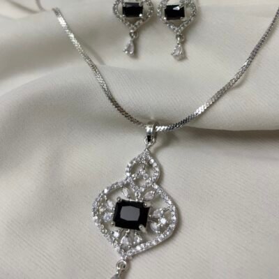 Rhodium-Plated American Diamond Black Pendant Set