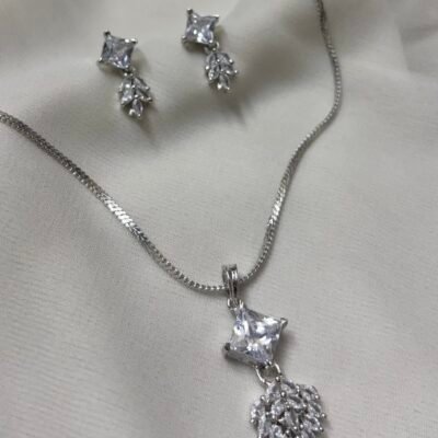 Rhodium-Plated Cubic-Zirconia Pendant Set