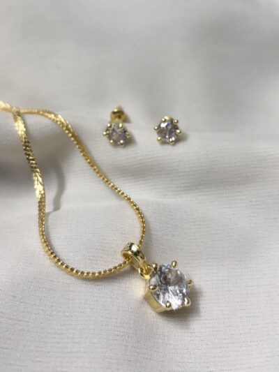 Golden Daily Wear Single Stone Cubic Zirconia Pendant Set