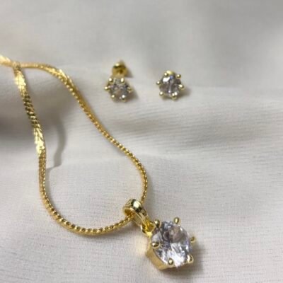 Golden Daily Wear Single Stone Cubic Zirconia Pendant Set