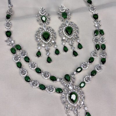 American diamond rhodium-plated bottle green necklace set
