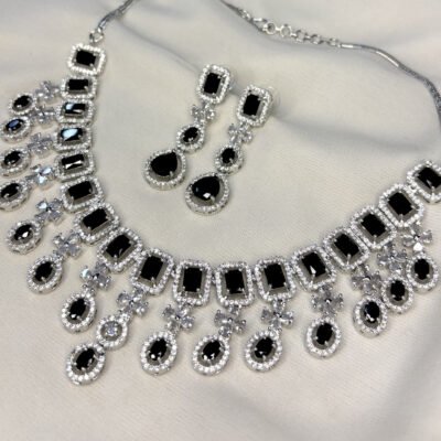 American diamond rhodium-plated black necklace set