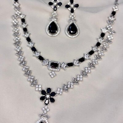 American diamond rhodium-plated black necklace set