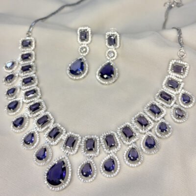 Rhodium Plated Purple Sapphire Necklace Set with AD & Cubic Zirconia