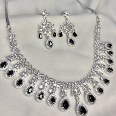 American diamond rhodium-plated black necklace set