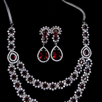 Double layer rhodium plated American diamond necklace set