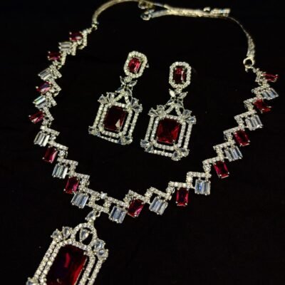 American diamond rhodium-plated red necklace set