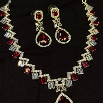 American diamond rhodium-plated red necklace set