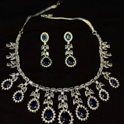 Rhodium Plated Blue Sapphire Necklace Set with AD & Cubic Zirconia