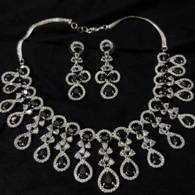 American diamond rhodium-plated black necklace set