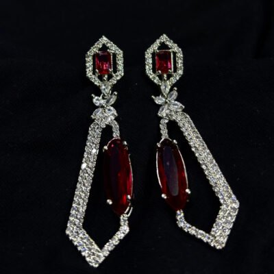 Rhodium Plated American diamond cubic zirconia Red dangler