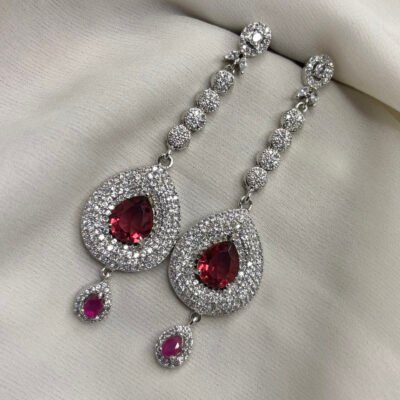 Party Wear American diamond Cubic Zirconia Red Dangler