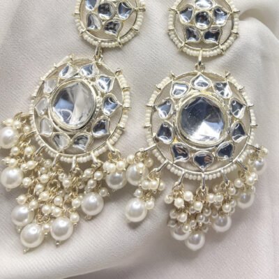 White Kundan Studded Long Chandbali Earrings