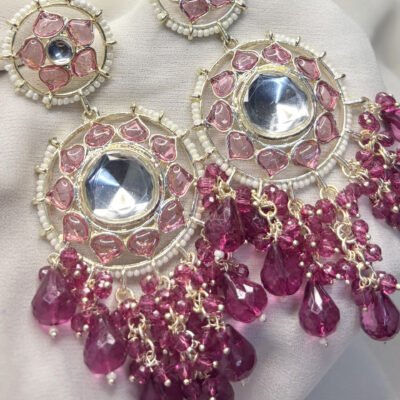 Wine Colour Kundan Studded Long Chandbali Earrings