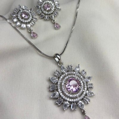 The Closet's Premium Quality American Diamond Cz Hydro-Pink Pendant Set
