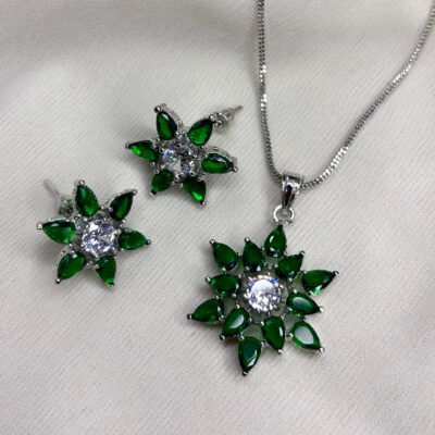 The Closet's American Diamond Green Flower Pendant Set
