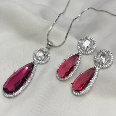 Big size Party Wear Cubic-Zirconia Red Pendant Set