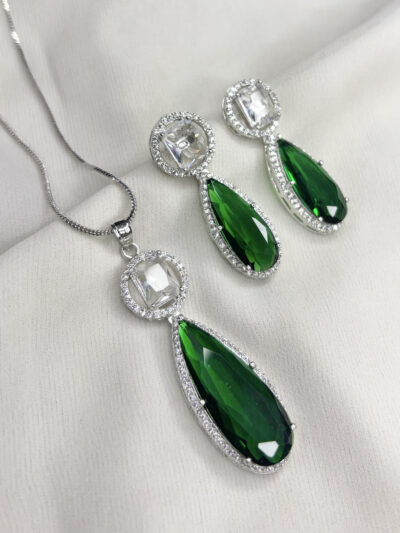 Big size Party Wear Cubic-Zirconia Green Pendant Set