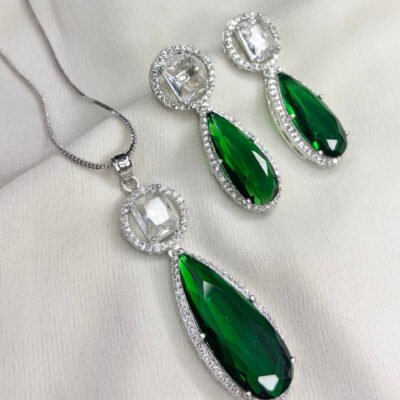 Big size Party Wear Cubic-Zirconia Green Pendant Set
