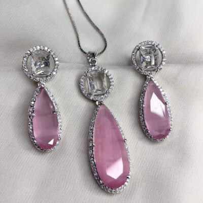 Big size Party Wear Cubic-Zirconia Pink Pendant Set