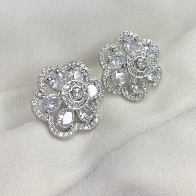 Rhodium Plated Big Size Cubic Zirconia Party Wear Stud