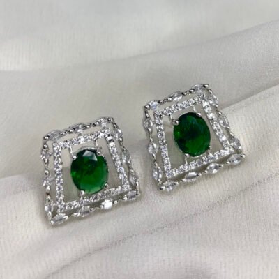 Rhodium-Plated American Diamond Green Stud