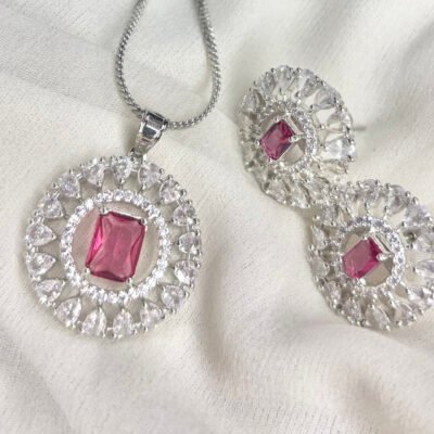 Round Shape American Diamond Cubic-Zirconia Pendant Set
