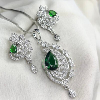 Party Wear Cubic Zirconia Green Pendant Set