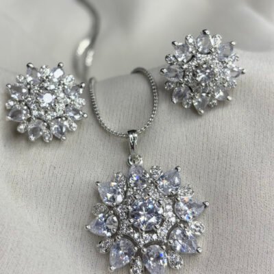 American Diamond Cubic-Zirconia Flower Pendant Set