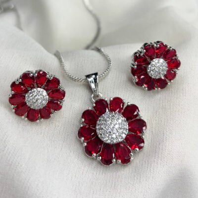 American Diamond Cubic-Zirconia Flower Pendant Set