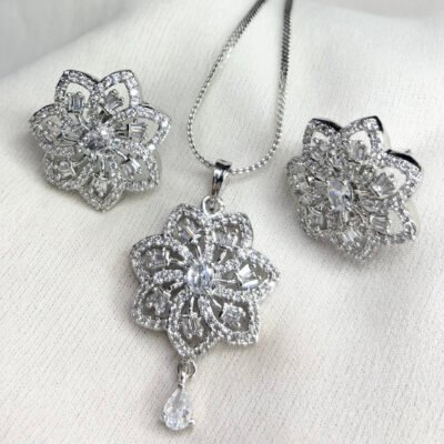 Party Wear American Diamond Cubic-Zirconia Flower Pendant Set