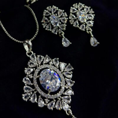 Rhodium-Plated American Diamond Pendant Set