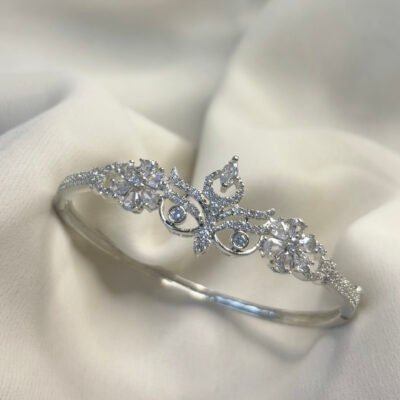 Rhodium-plated American Diamond Cubic Zirconia Kada Style Maa Durga White Bracelet