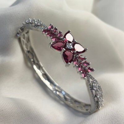 Rhodium-plated American Diamond Cubic Zirconia Kada Style Red Bracelet