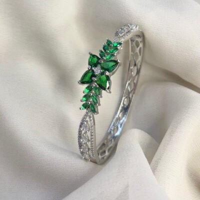 Rhodium-plated American Diamond Cubic Zirconia Kada Style Emerald Green Bracelet