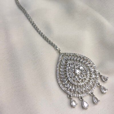 Rhodium Plated American Diamond Cubic Zirconia White Maangtika