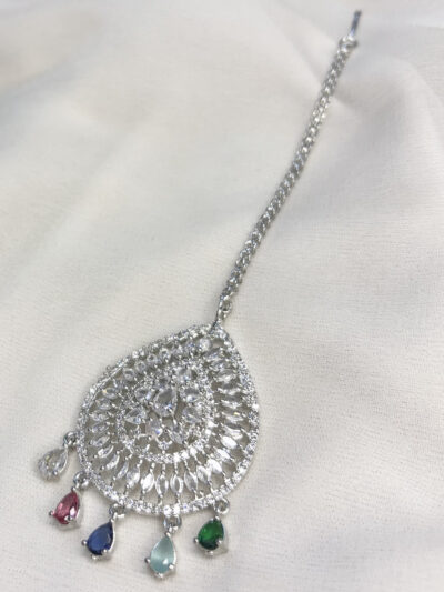 Rhodium Plated American Diamond Cubic Zirconia Multi colour Maangtika