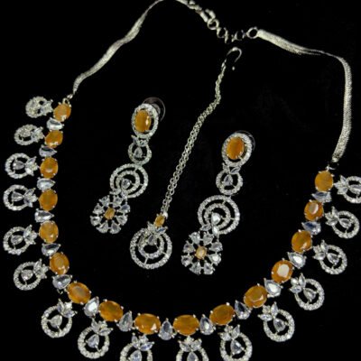 American Diamond Cubic Zirconia Orange Necklace Set
