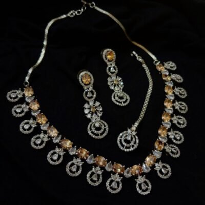 American Diamond Cubic Zirconia Necklace Set With Mangtika