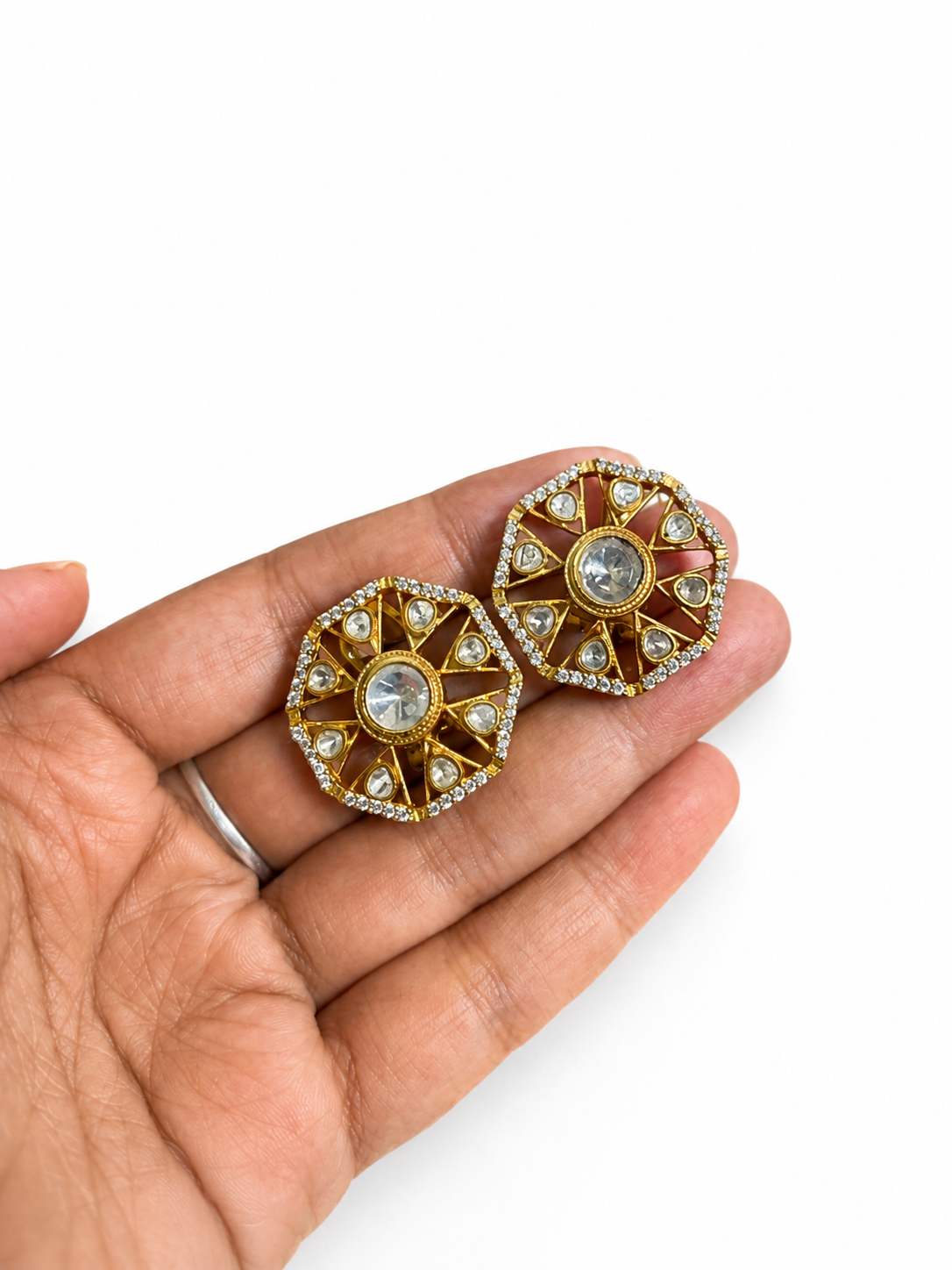 Gold-Tone Geometric Kundan Clip-On Stud Earrings for Women | Crystal Statement Earrings with Back Clip for Wedding & Party Wear - Image 2