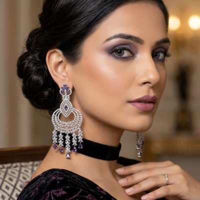 Luxury American Diamond CZ Chandbali Earrings with Purple Stones | Rhodium-Plated Party & Wedding Earrings for Women
