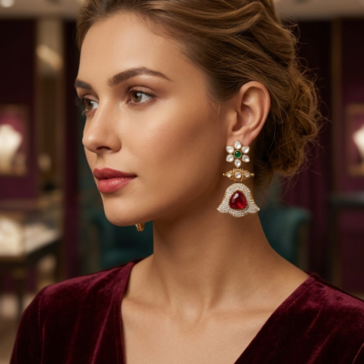 Premium Brass Moissanite Ruby Statement Earrings | Designer Wedding & Festive Earrings