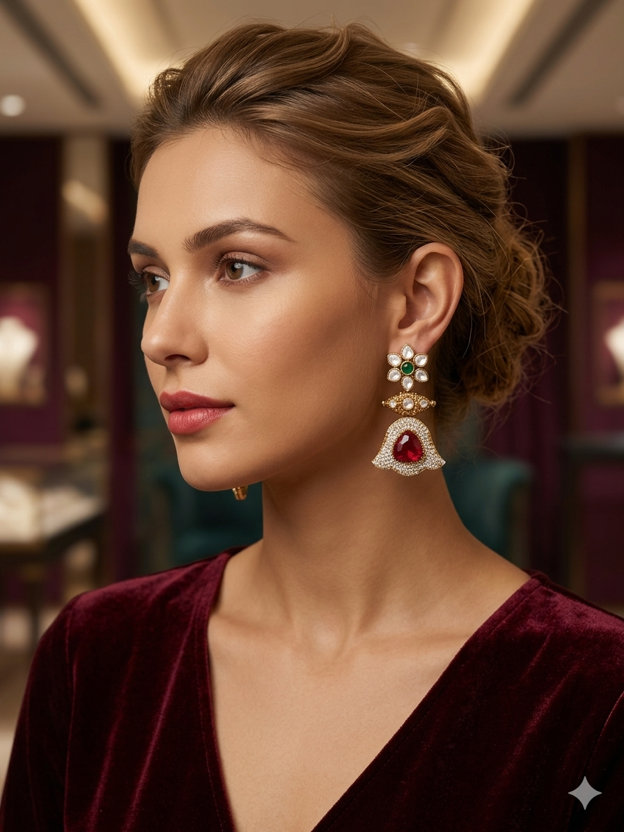 Premium Brass Moissanite Ruby Statement Earrings | Designer Wedding & Festive Earrings